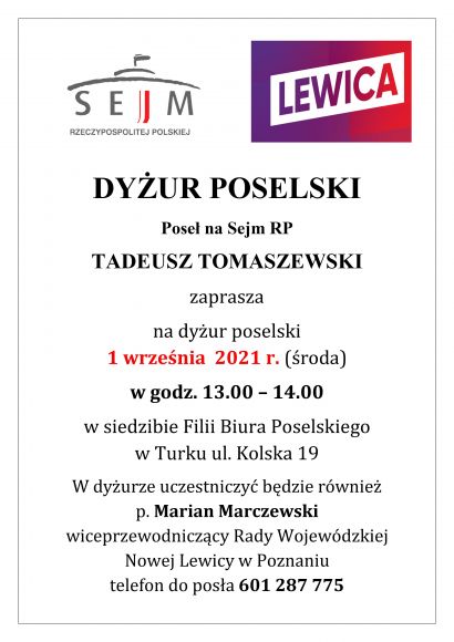 Dyżur Poselski Poseł na Sejm RP Tadeusz Tomaszewski
