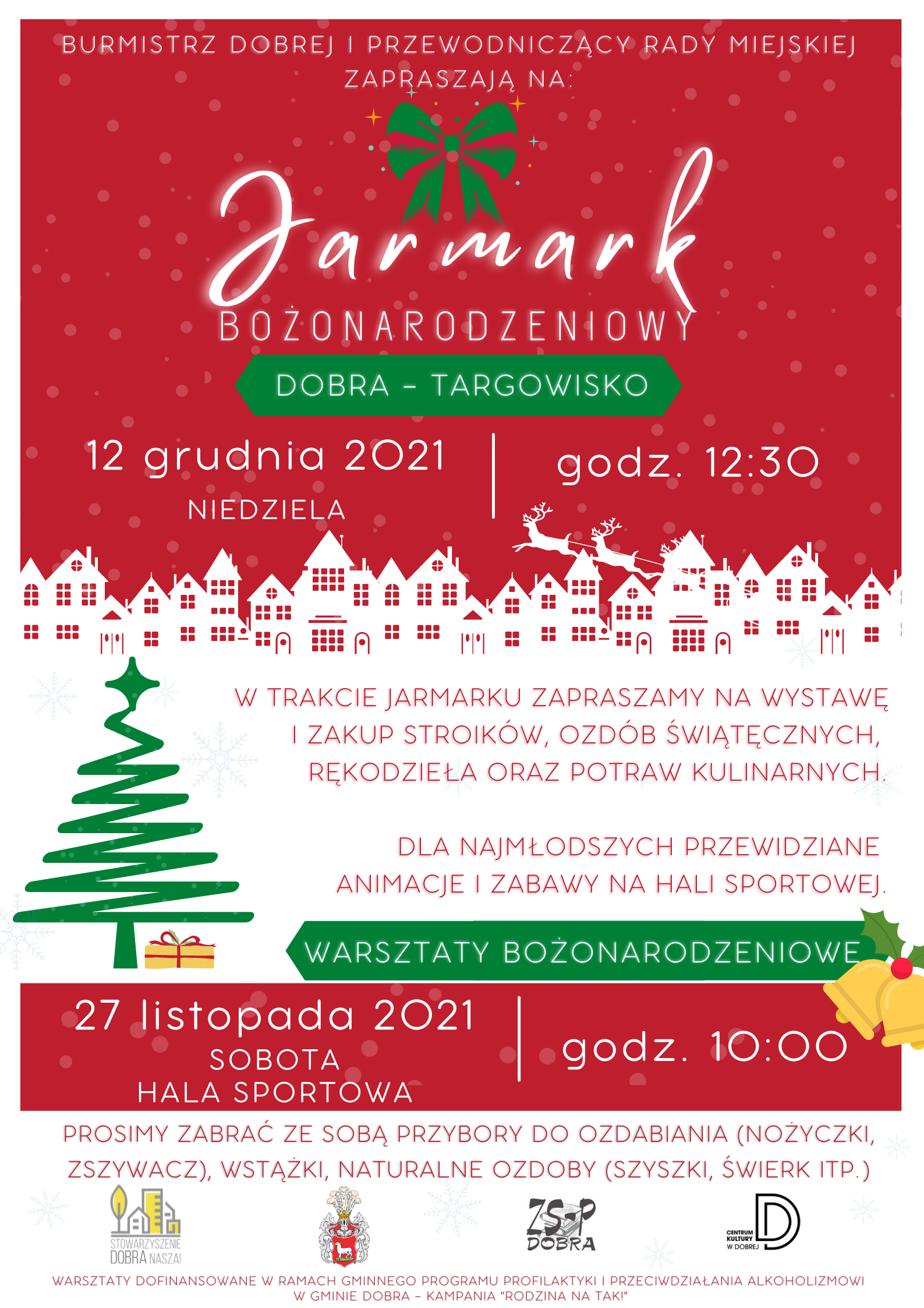 Plakat Jarmark Bożonarodzeniowy Dobra 2021  / Zaproszenie na wydarzenie Jarmark Bożonarodzeniowy informujący o szczegółach.